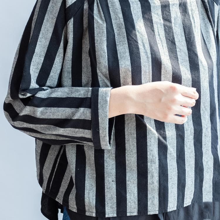 2021 black gray striped linen tops plus size linen casual long sleeve t shirts dylinoshop