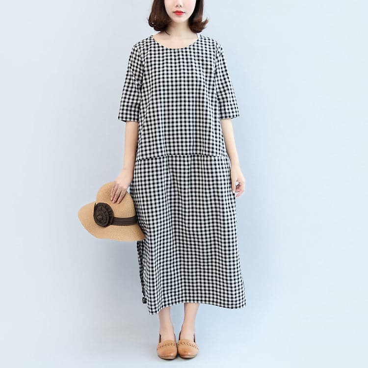 2021 black white plaid cotton dresses baggy loose half sleeve maxi dress side open dylinoshop