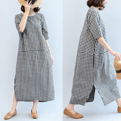 2021 black white plaid cotton dresses baggy loose half sleeve maxi dress side open dylinoshop