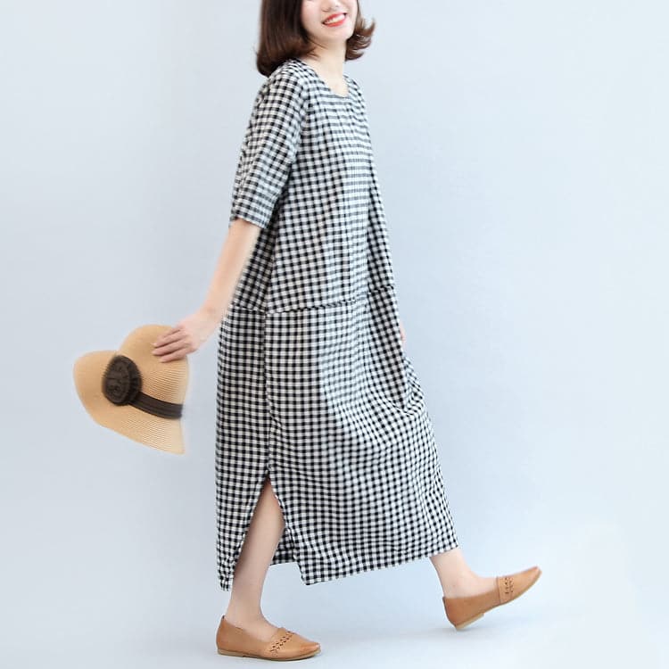 2021 black white plaid cotton dresses baggy loose half sleeve maxi dress side open dylinoshop