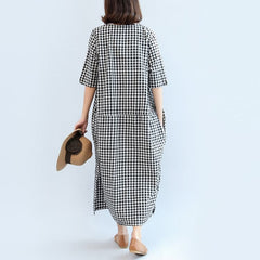 2021 black white plaid cotton dresses baggy loose half sleeve maxi dress side open dylinoshop