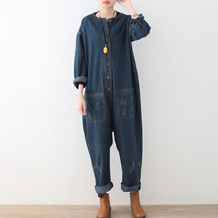 2021 blue casual cotton high waist plus size jumpsuit pants dylinoshop