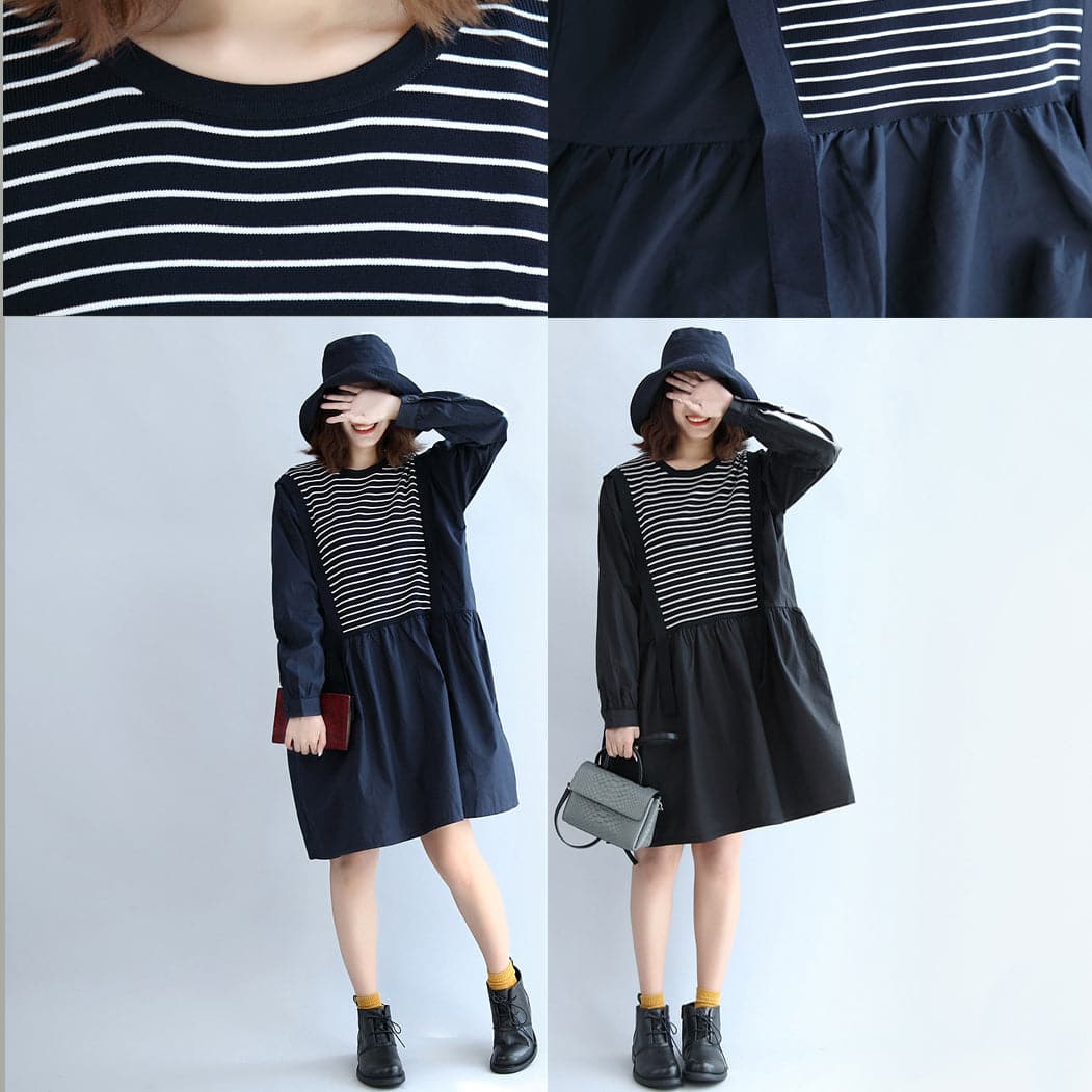 2021 dark striped knit patchwork cotton dresses plus size o neck casual dress dylinoshop