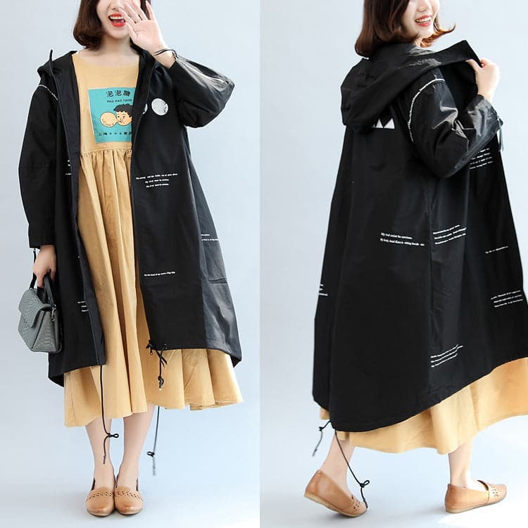 2021 fall black alphabet print cotton blouse oversize long sleeve hooded coat dylinoshop