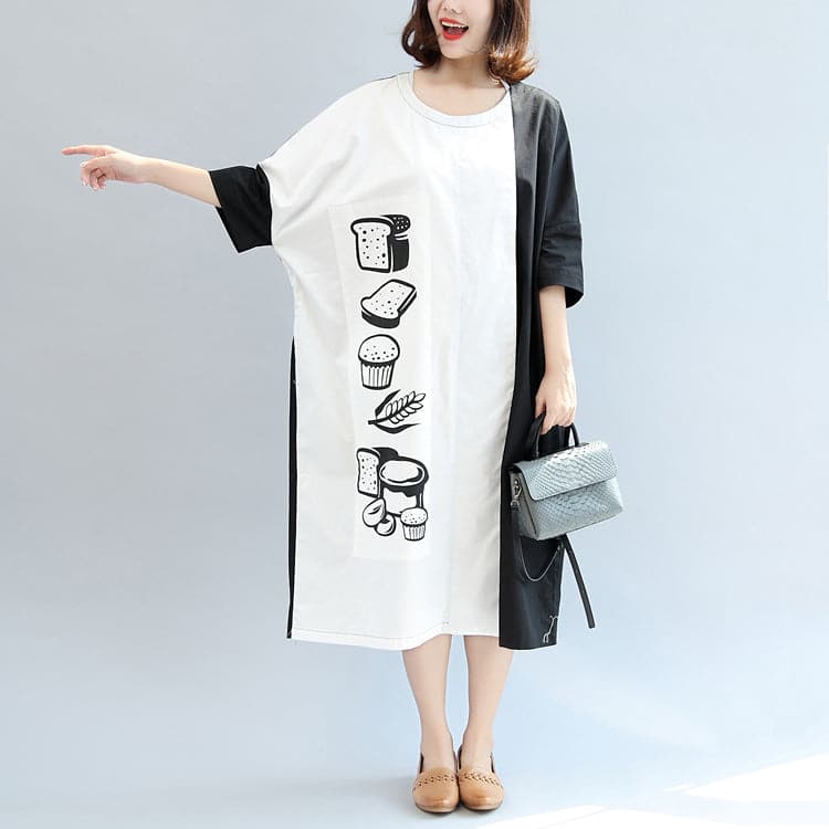 2021 fall black white patchwork cotton dresses oversize print warm outfits dylinoshop