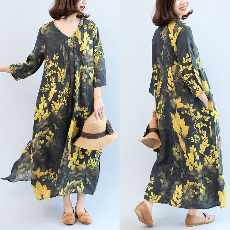 2021 fall black yellow print linen dresses plus size v neck sundress side open dylinoshop