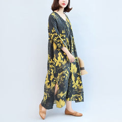 2021 fall black yellow print linen dresses plus size v neck sundress side open dylinoshop