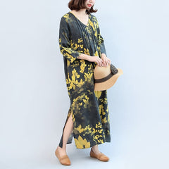 2021 fall black yellow print linen dresses plus size v neck sundress side open dylinoshop