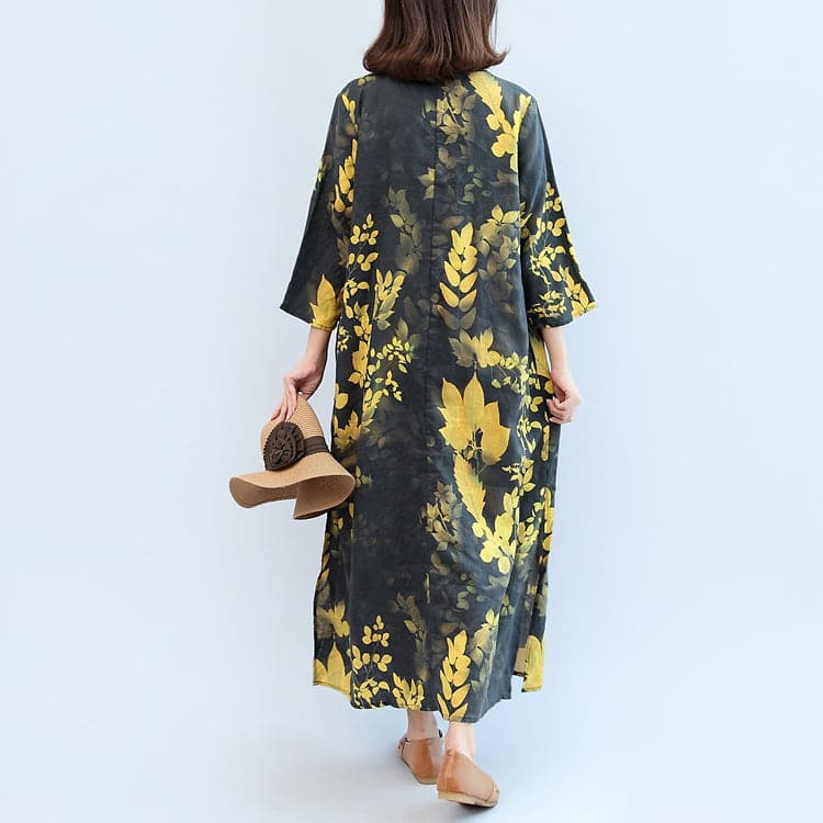 2021 fall black yellow print linen dresses plus size v neck sundress side open dylinoshop