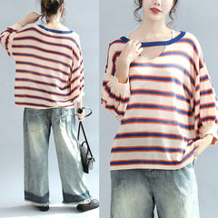 2021 fall blue striped casual cotton blouse oversize v neck tops dylinoshop