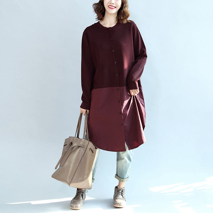 2021 fall burgundy patchwork hem cotton sweater dresses plus size casual knit shirts dress dylinoshop