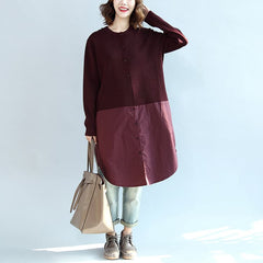 2021 fall burgundy patchwork hem cotton sweater dresses plus size casual knit shirts dress dylinoshop