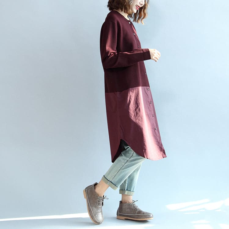 2021 fall burgundy patchwork hem cotton sweater dresses plus size casual knit shirts dress dylinoshop