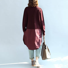 2021 fall burgundy patchwork hem cotton sweater dresses plus size casual knit shirts dress dylinoshop