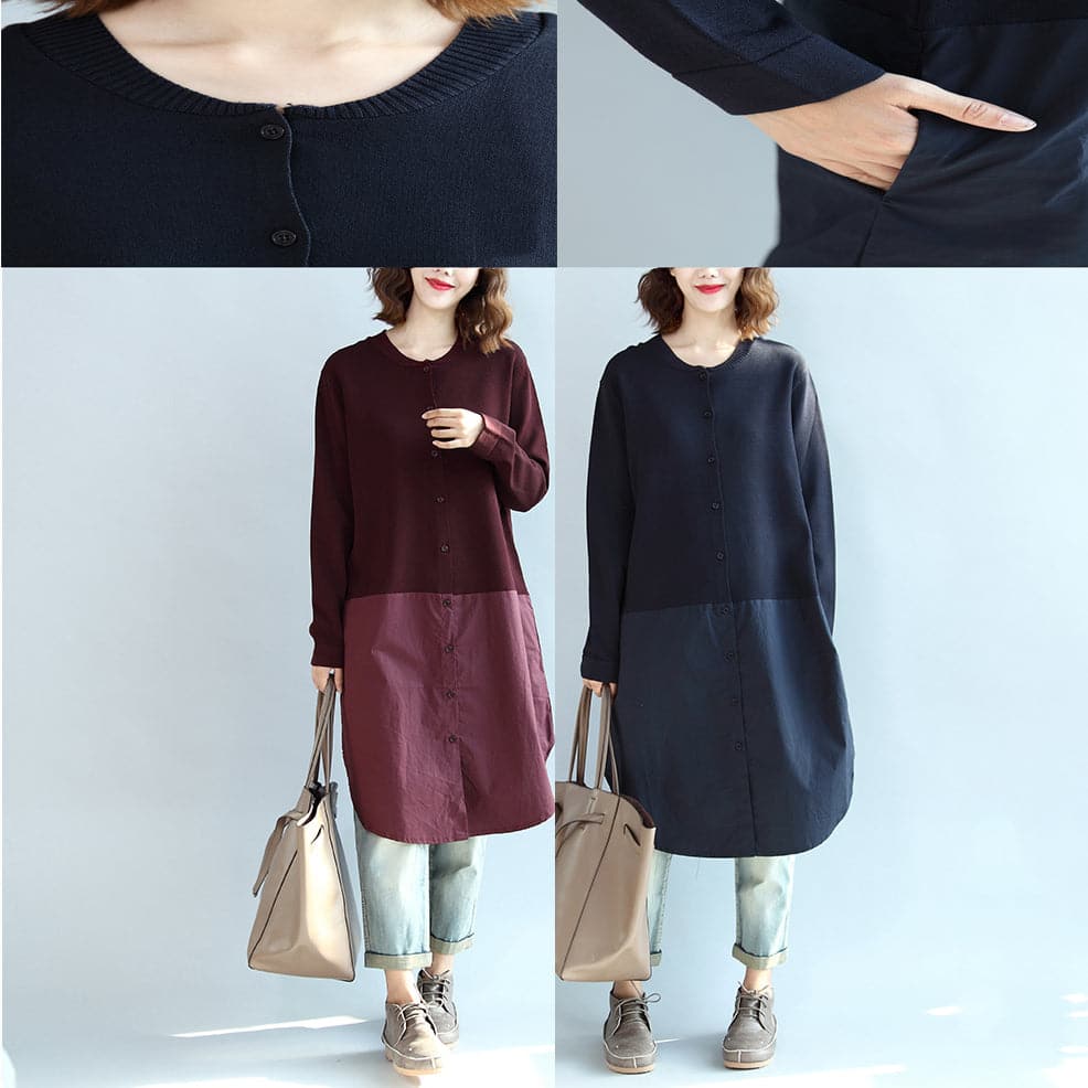 2021 fall burgundy patchwork hem cotton sweater dresses plus size casual knit shirts dress dylinoshop