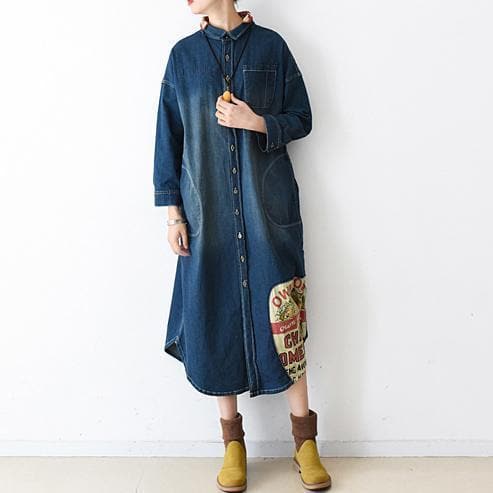 2021 fall denim dresses plus size long patchwork denim shirt dress casual style dylinoshop