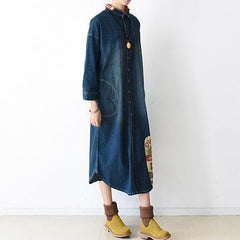 2021 fall denim dresses plus size long patchwork denim shirt dress casual style dylinoshop