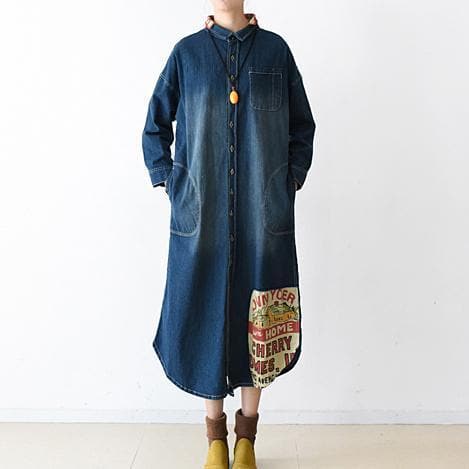 2021 fall denim dresses plus size long patchwork denim shirt dress casual style dylinoshop