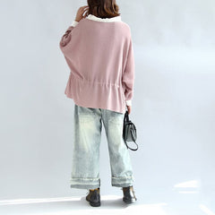 2021 fall pink casual knit tops plus size white neck ruffles fashion sweaters dylinoshop