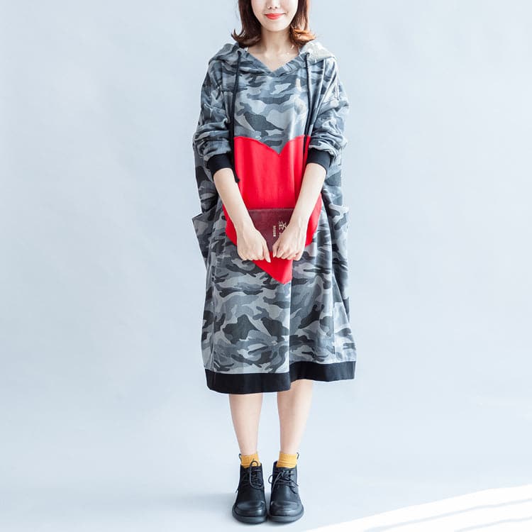 2021 fall prints ruffles black cotton shift dresses hooded oversize casual dress patchwork loving heart dylinoshop