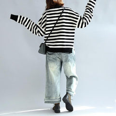 2021 fashion black white striped cotton knit tops plus size asymmetric design sweater dylinoshop