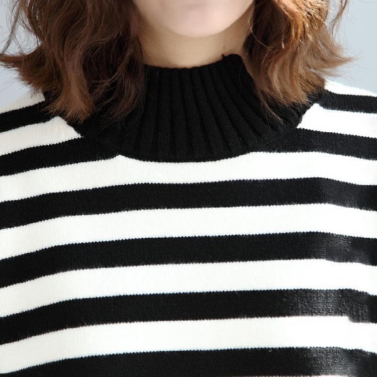 2021 fashion black white striped cotton knit tops plus size asymmetric design sweater dylinoshop