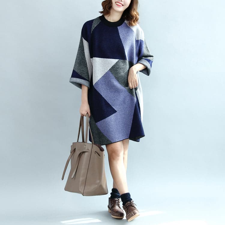 2021 geometric patchwork cotton knit dresses plus size casual bracelet sleeved sweater dress dylinoshop