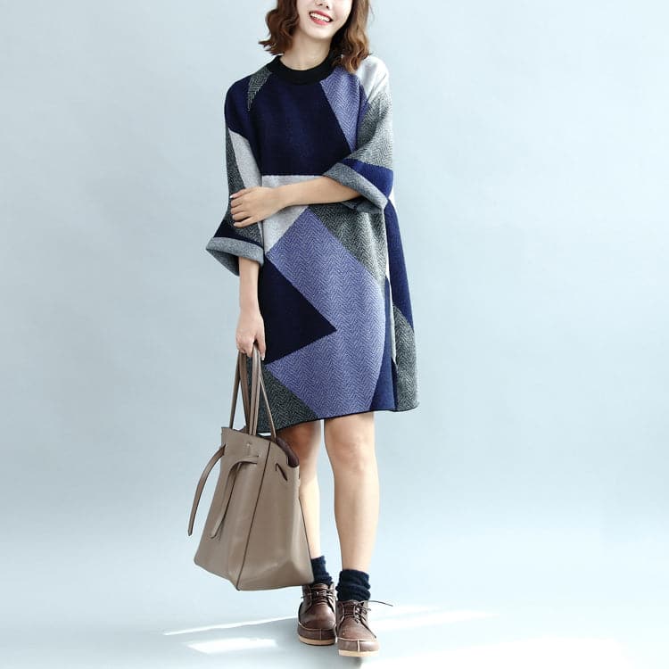 2021 geometric patchwork cotton knit dresses plus size casual bracelet sleeved sweater dress dylinoshop