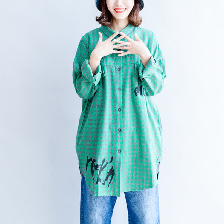 2021 green cartoon print cotton tops baggy loose grid casual long sleeve blouse dylinoshop