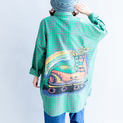 2021 green cartoon print cotton tops baggy loose grid casual long sleeve blouse dylinoshop