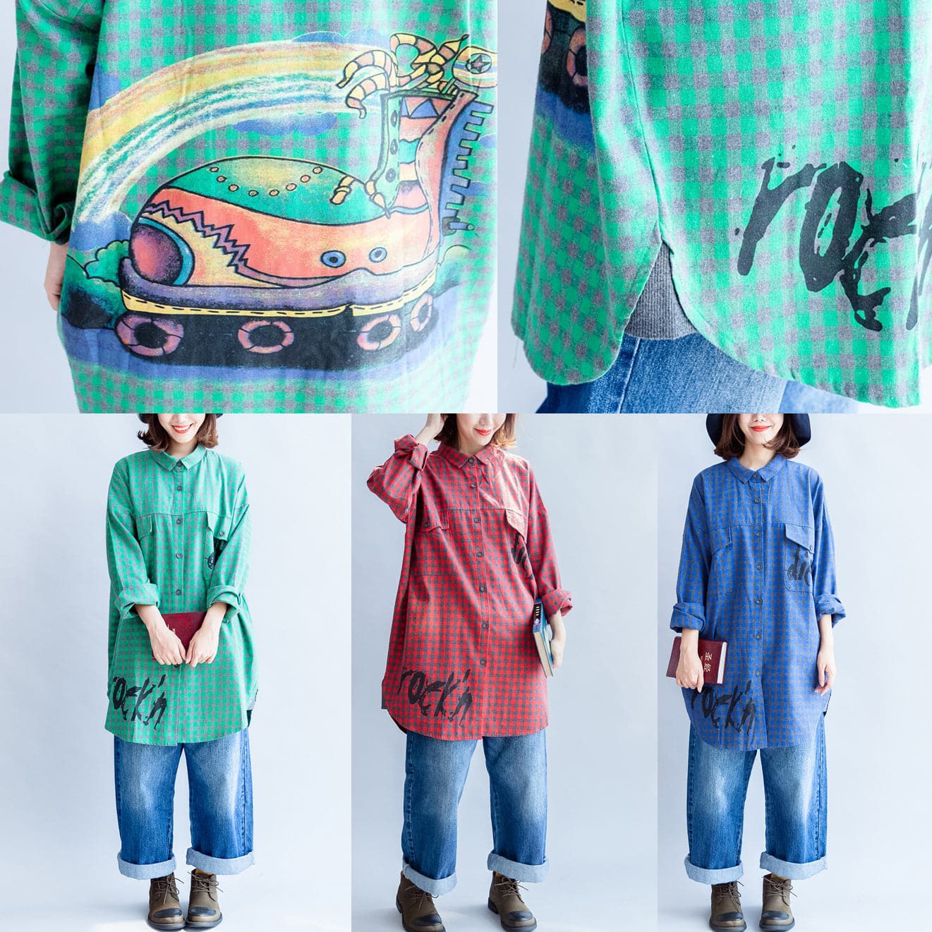 2021 green cartoon print cotton tops baggy loose grid casual long sleeve blouse dylinoshop