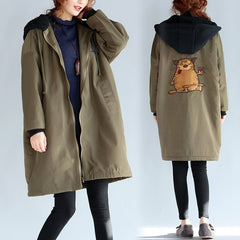 2021 green plus size cotton thick coats cartoon prints hooded warm zippered trench coats dylinoshop