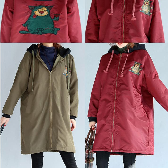 2021 green plus size cotton thick coats cartoon prints hooded warm zippered trench coats dylinoshop