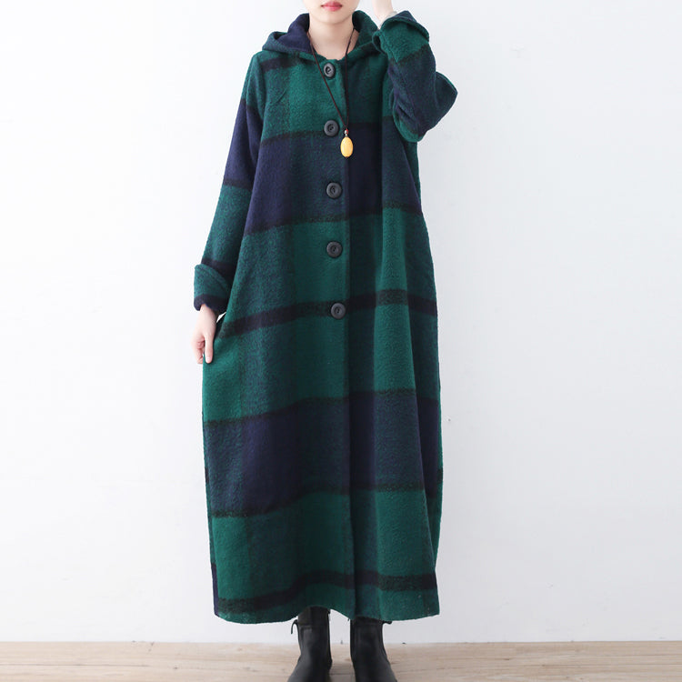 2021 green woolen coat casual trench coat plaid long coats hooded dylinoshop