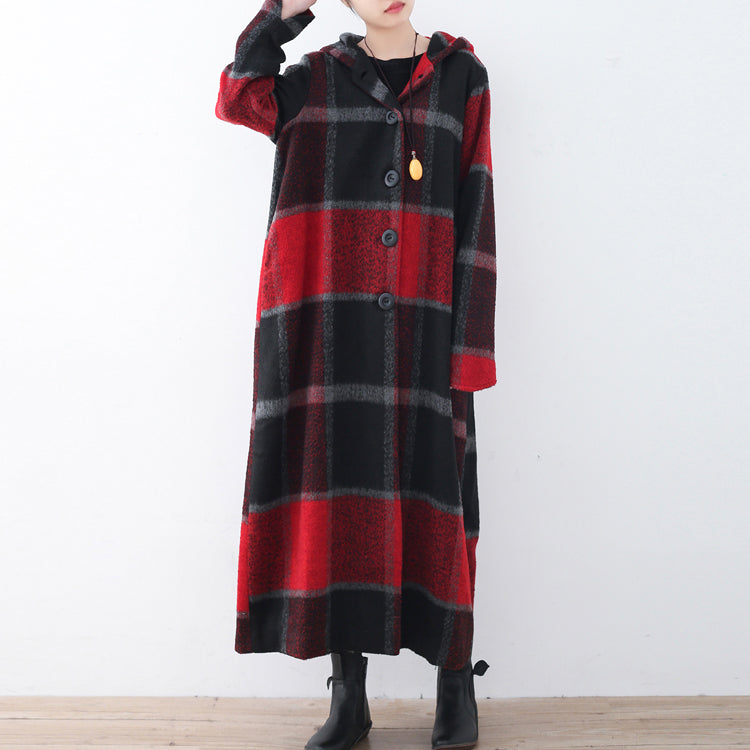 2021 green woolen coat casual trench coat plaid long coats hooded dylinoshop