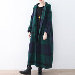 2021 green woolen coat casual trench coat plaid long coats hooded dylinoshop