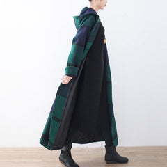 2021 green woolen coat casual trench coat plaid long coats hooded dylinoshop