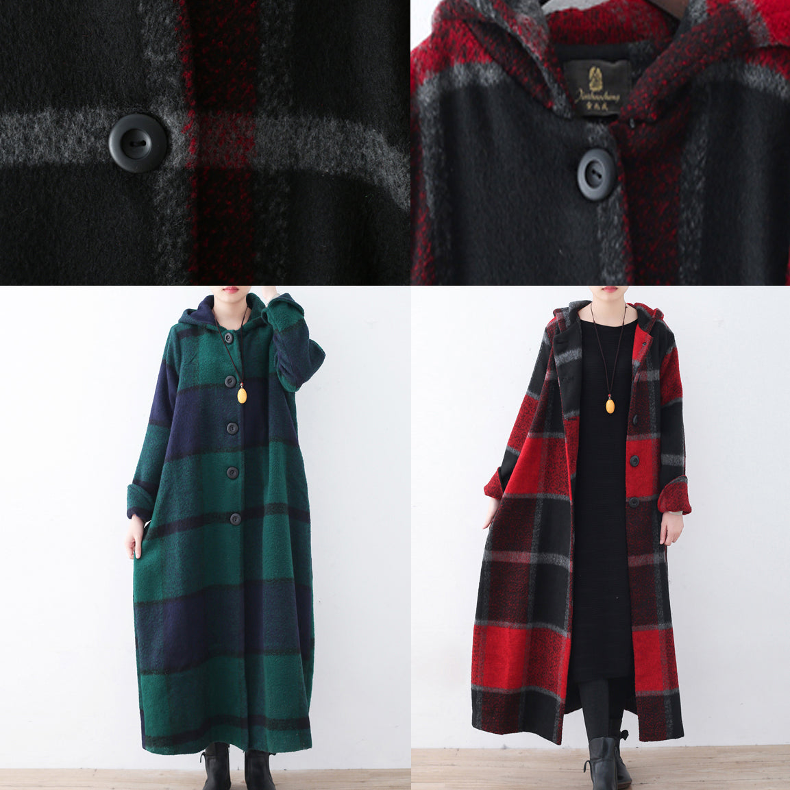 2021 green woolen coat casual trench coat plaid long coats hooded dylinoshop