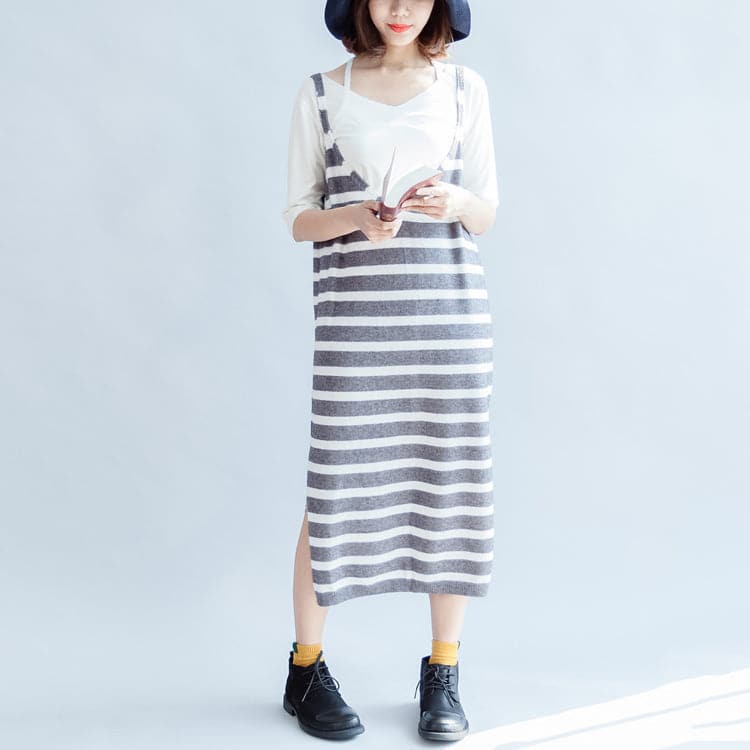 2021 new fashion gray white striped sweater sleeveless dresses loose  casual dress side open dylinoshop