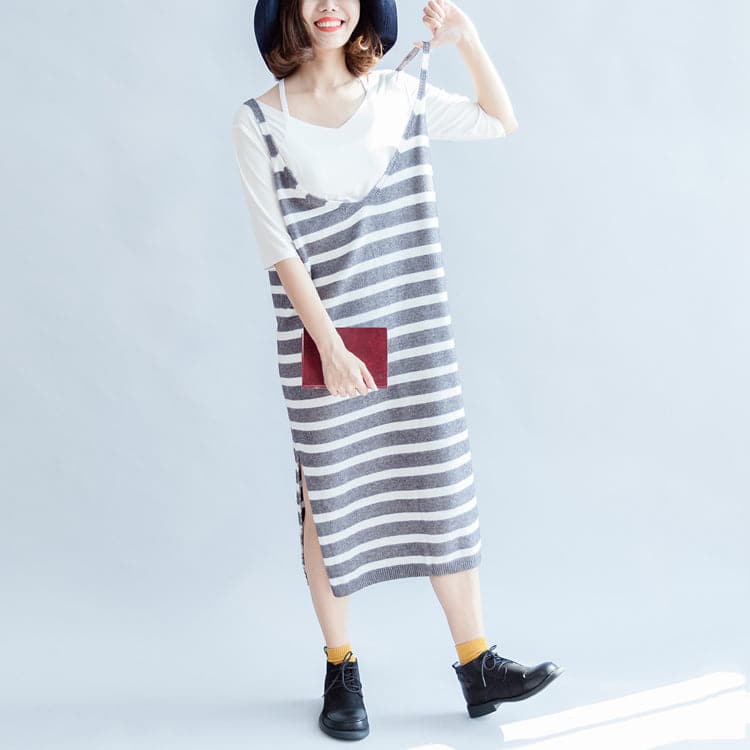 2021 new fashion gray white striped sweater sleeveless dresses loose  casual dress side open dylinoshop