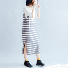 2021 new fashion gray white striped sweater sleeveless dresses loose  casual dress side open dylinoshop