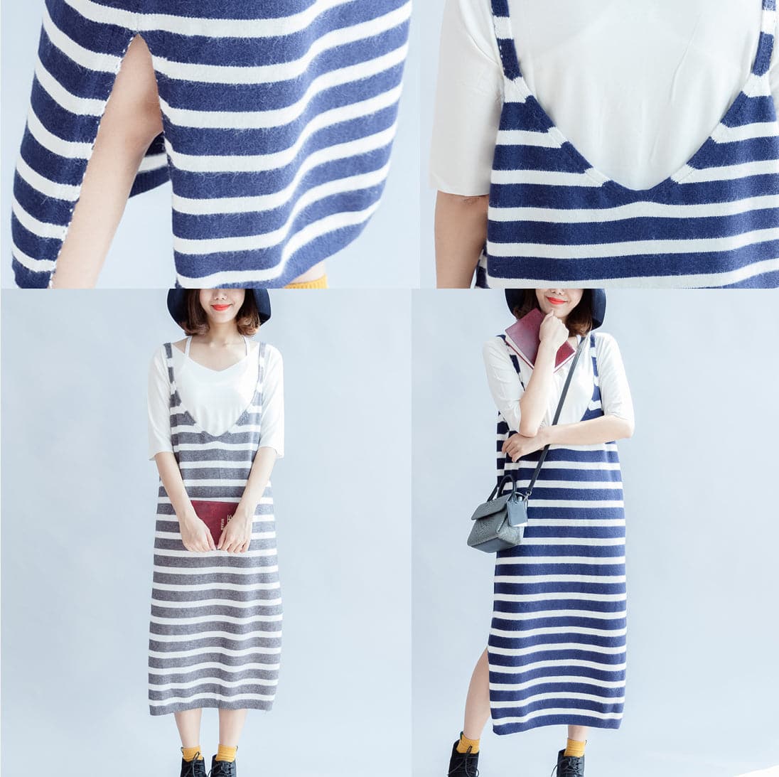 2021 new fashion gray white striped sweater sleeveless dresses loose  casual dress side open dylinoshop