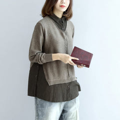 2021 new khaki grid knit tops fine casual long sleeve pullover false two pieces dylinoshop