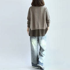 2021 new khaki grid knit tops fine casual long sleeve pullover false two pieces dylinoshop