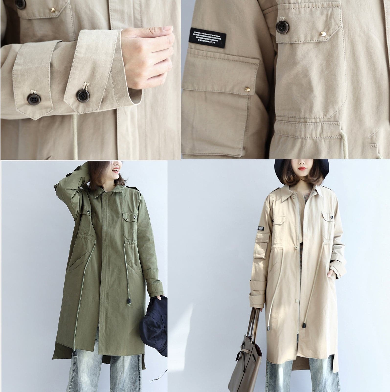 2021 pockets green casual cotton parka plus size tie waist long sleeve trench coats dylinoshop