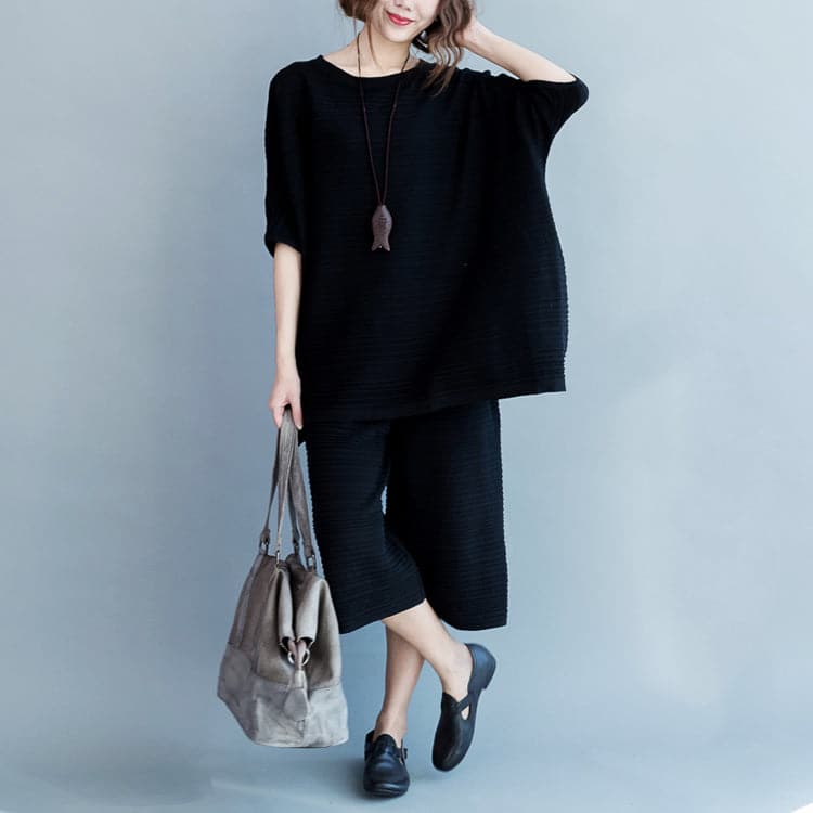 2021 stylish black cotton thin sweaters and casual wide leg pants knit two pieces dylinoshop