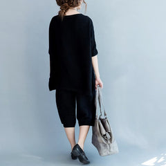 2021 stylish black cotton thin sweaters and casual wide leg pants knit two pieces dylinoshop