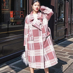 2018 Plaid Wool Coat casual Notched tie waist maxi coat Fashion pockets coat dylinoshop