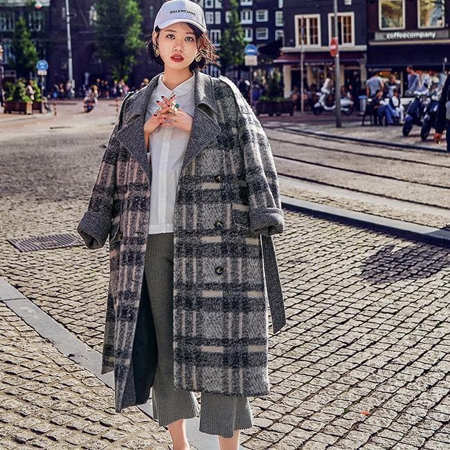 2018 Plaid coat Loose fitting Notched Winter coat Fine double breasted pockets Coats dylinoshop