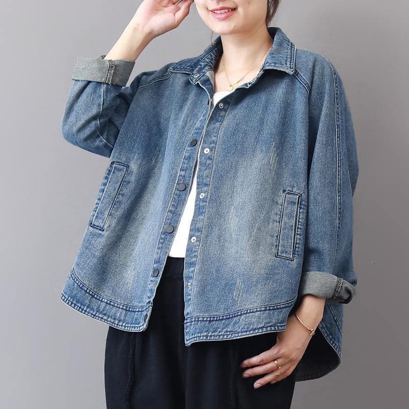 2019 autumn new casual denim blue cotton short coats plus size lapel collar wild tops coat dylinoshop